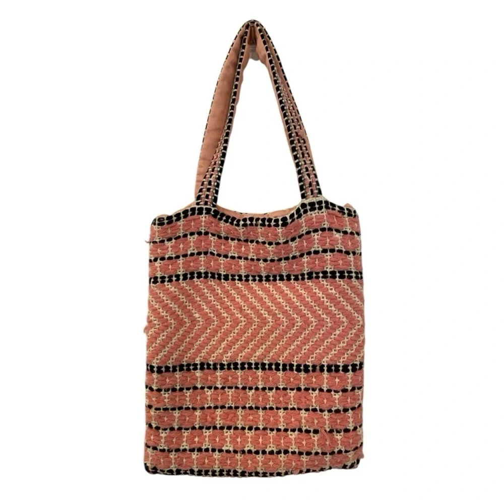 Vintage Handmade Crochet Embroidered Small Tote Handbag Pink Boho Market Bag